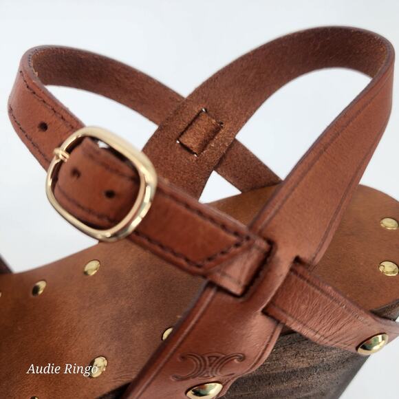 Celine Wooden Platform Wedge Sandals Tan Leather Gold Studs 37 (US 7) - Picture 15 of 17